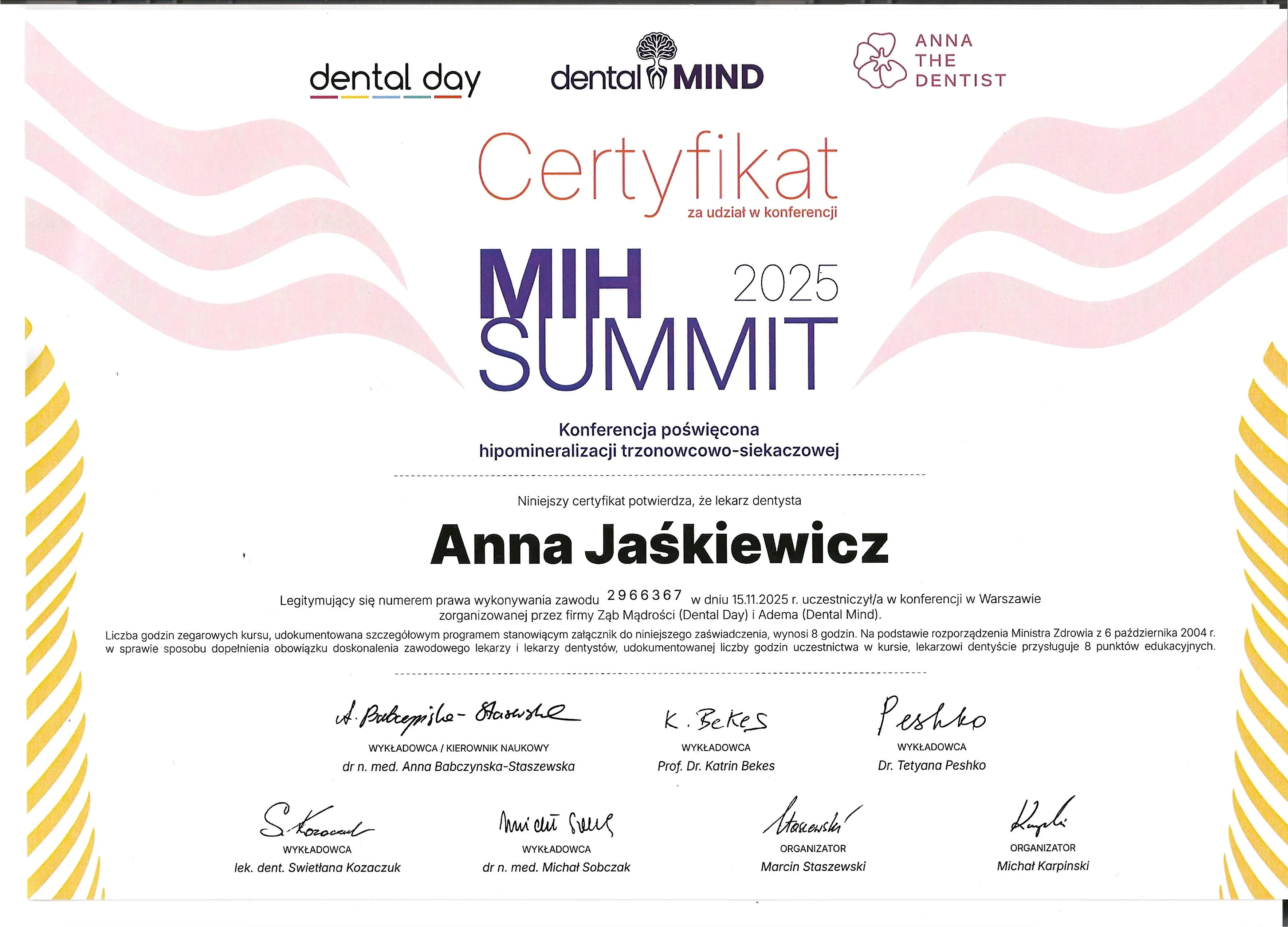 Certyfikat Stomatologia - Anna Jaśkiewicz